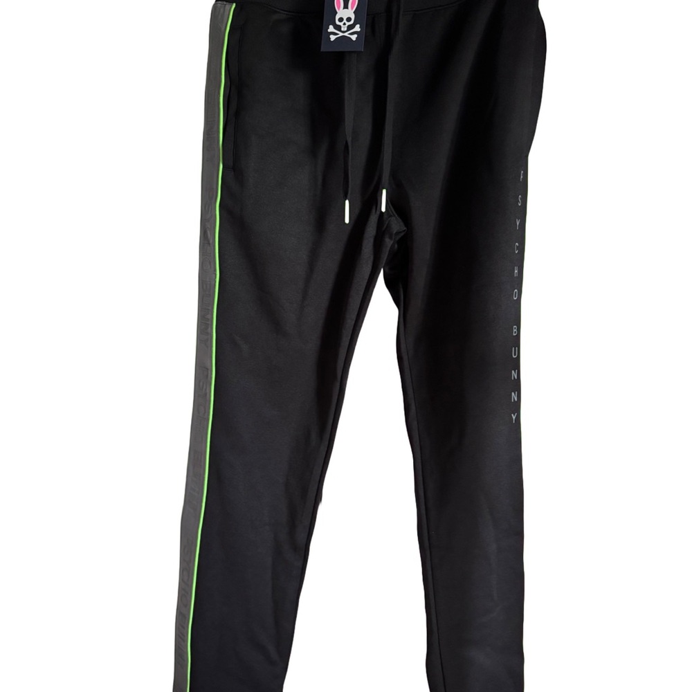 Mens Psycho Bunny Black Jogger Pants with Green Stripe